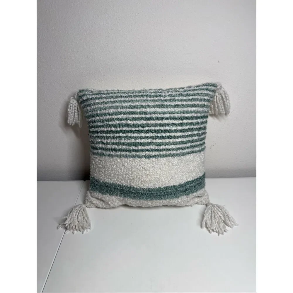 At Home Grayson Green White Knit Towed Striped Cushion